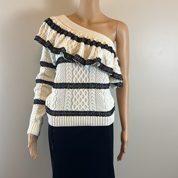 Self-Portrait Ivory Cable Knit One Shoulder Cotton Sweater with Lace Trim - Picture 2 of 5